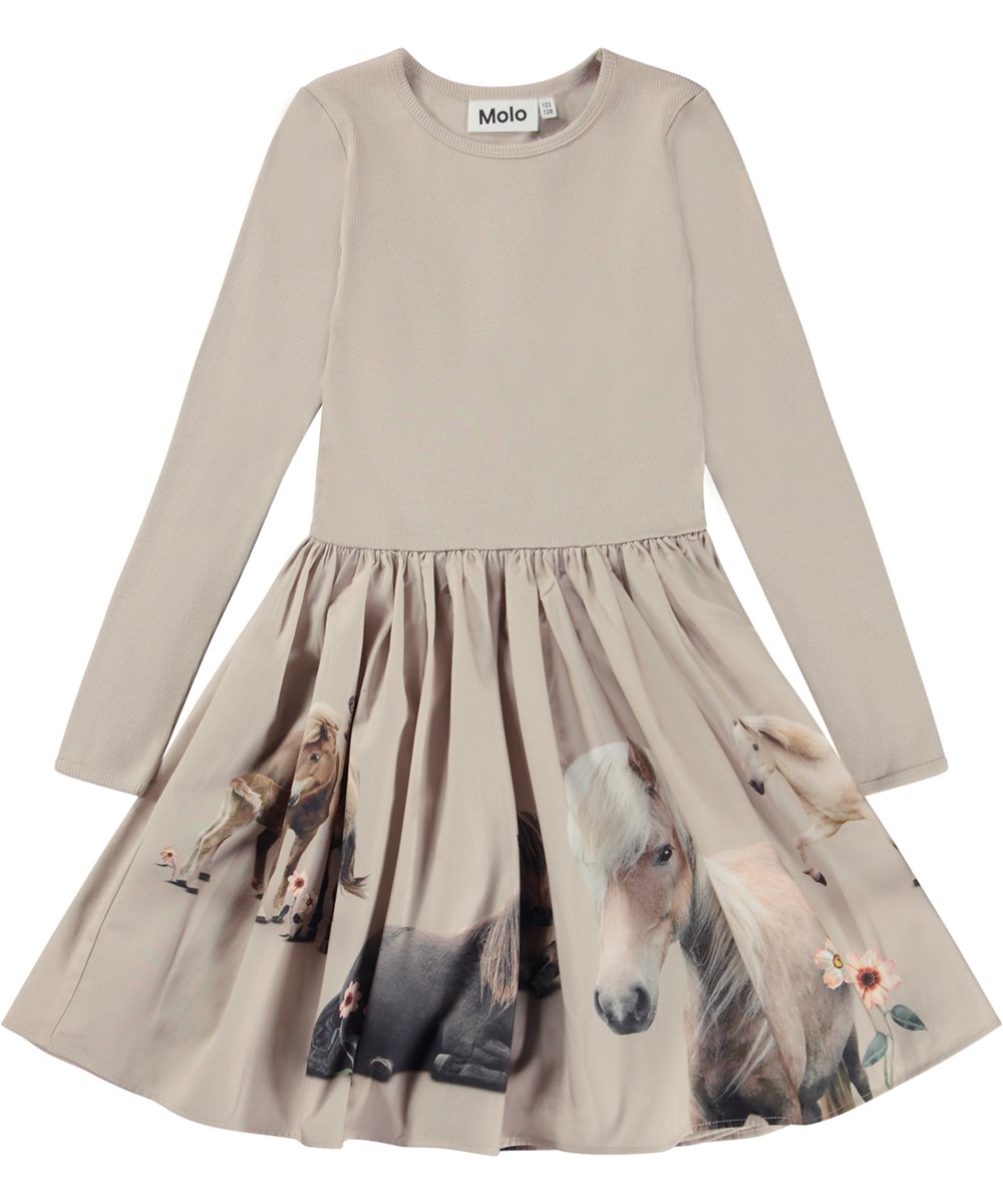 Casie - Pony Family - Beiges, knielanges Öko-Kleid mit bedrucktem Rock aus Popeline