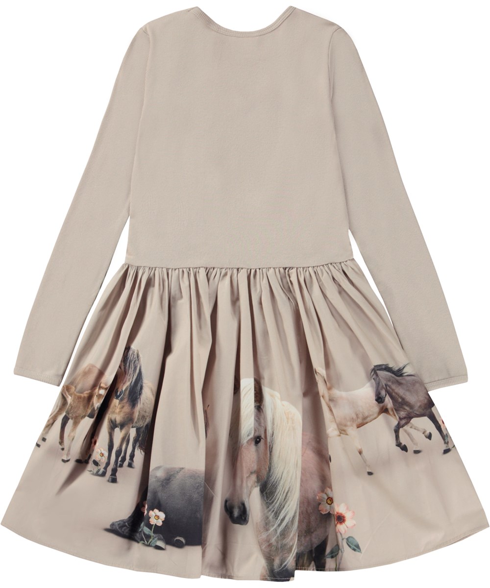 Casie - Pony Family - Beiges, knielanges Öko-Kleid mit bedrucktem Rock aus Popeline