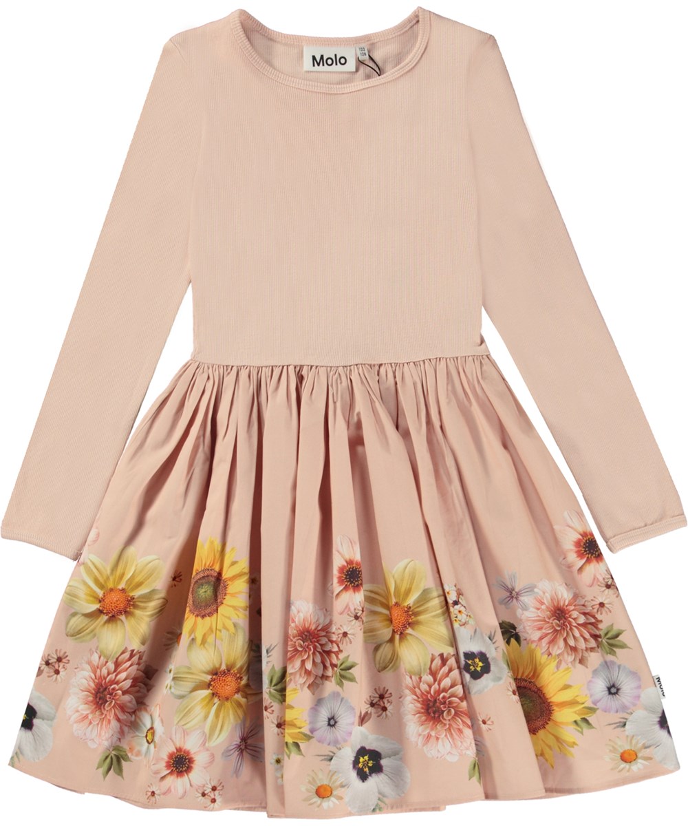 Casie - Retro Stripe Big - Rosa knielanges Öko-Kleid mit bedrucktem Rock aus Popeline