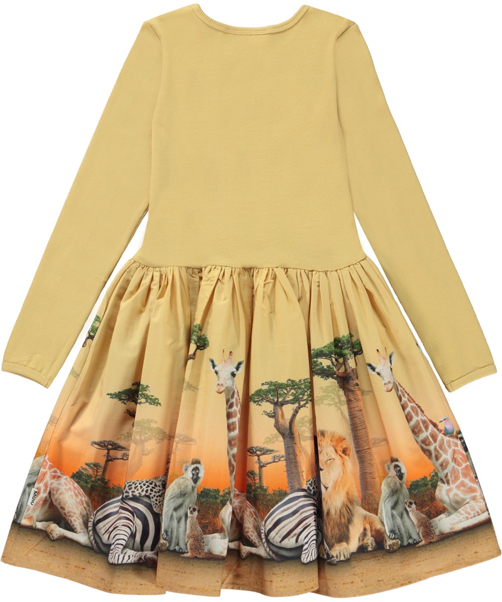 Casie - Savannah Life - Gelbes Kleid aus Öko-Baumwolle mit Savannen-Print