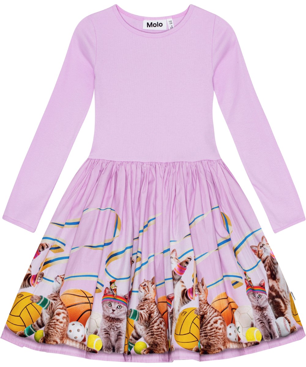 Casie - Sporty Cats - Rosa Öko-Baumwollkleid mit Kätzchen-Print und ausgestelltem Rock.