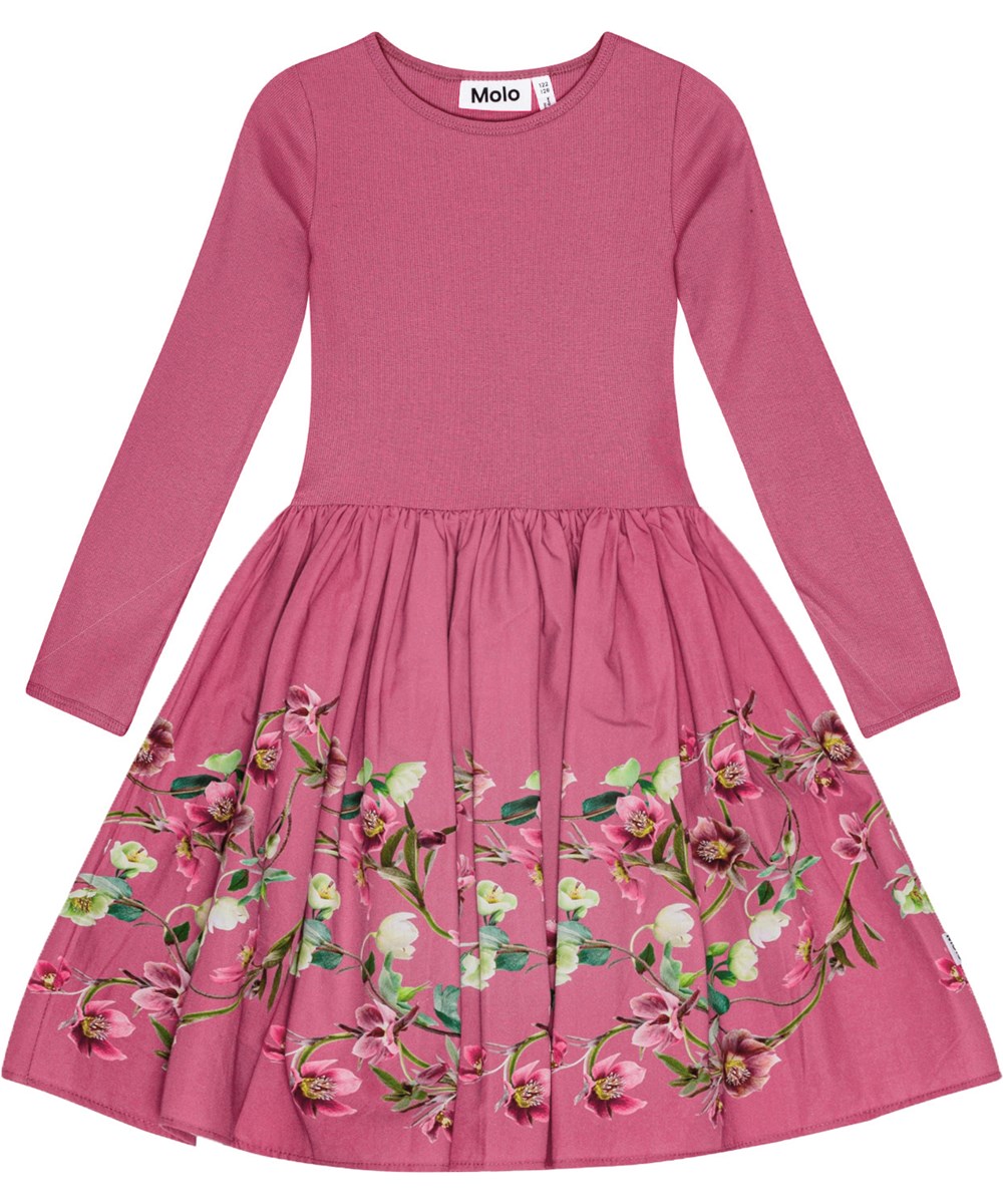 Casie - Wavy Roses - Rosa Öko-Baumwollkleid mit geripptem Jersey-Oberteil und Blumenmuster.