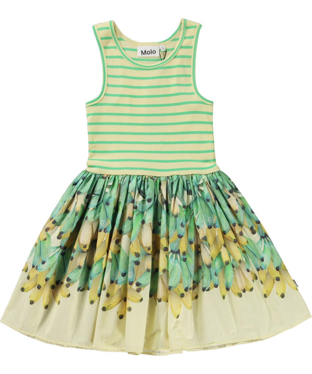 Cassandra - Lots Of Bananas - Gelb-grün gestreiftes Öko-Kleid mit Popeline-Rock und Bananen-Print