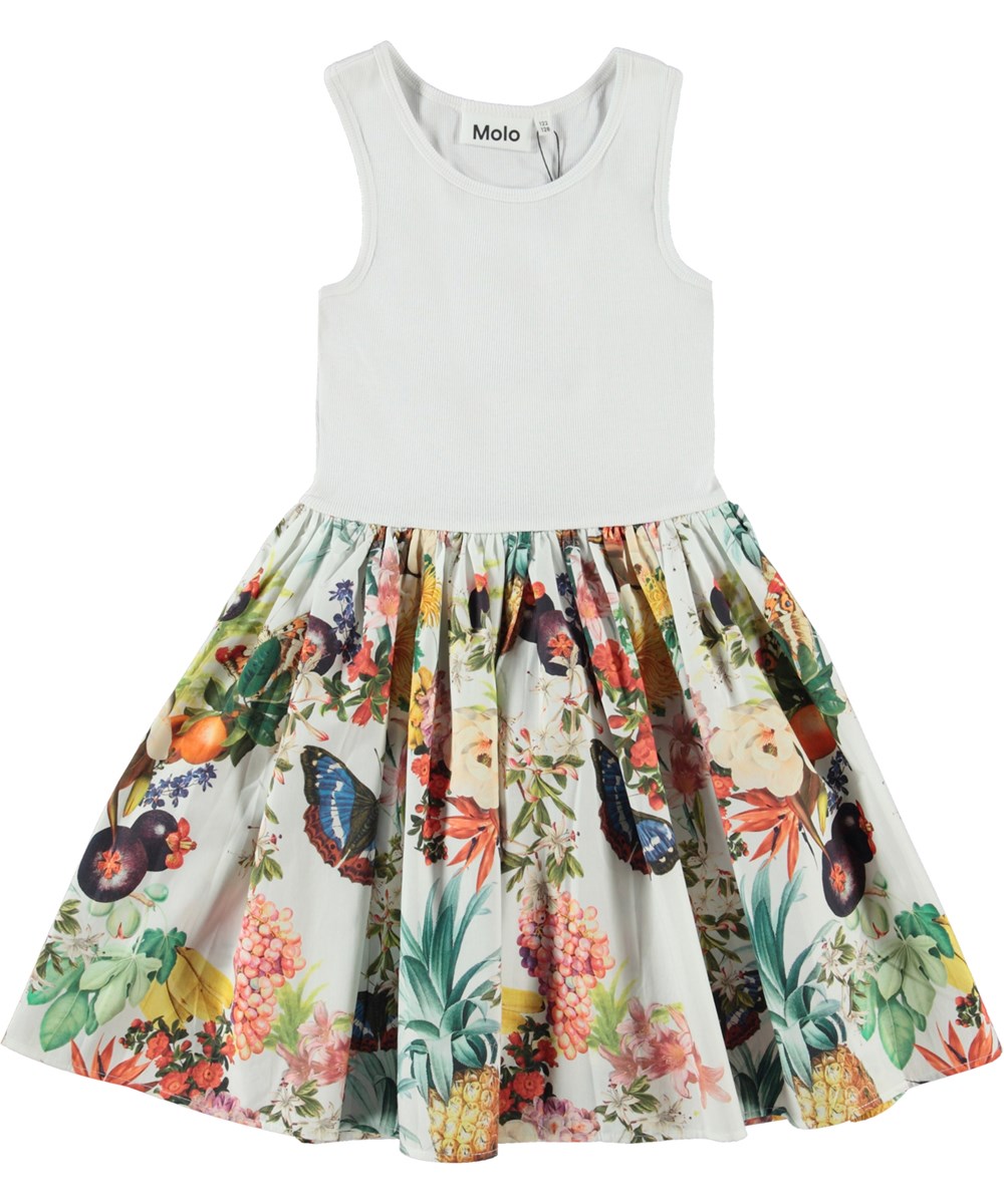 Cassandra - Tropical - Weißes Öko-Kleid mit Rock aus Popeline mit tropischem Aufdruck