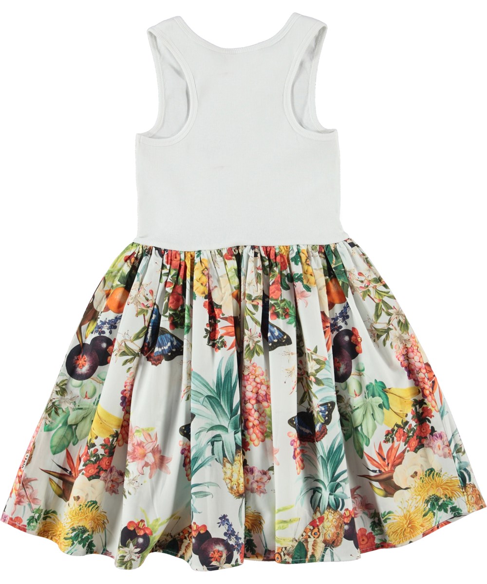 Cassandra - Tropical - Weißes Öko-Kleid mit Rock aus Popeline mit tropischem Aufdruck