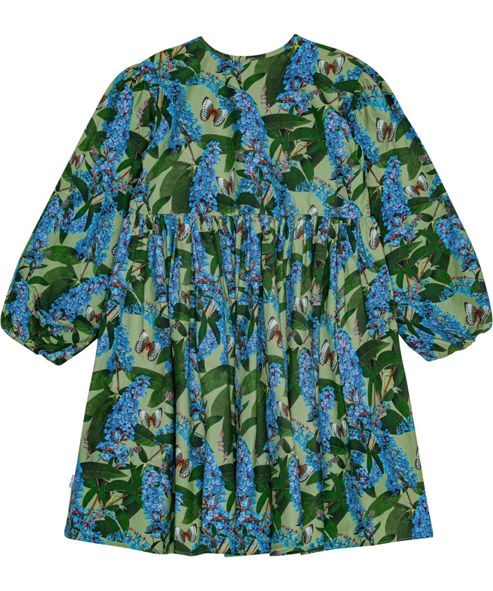 Cassida - Buddleja Garden - Übergroßes grünes knielanges Kleid aus Öko-Baumwolle mit Schmetterlingsdruck.