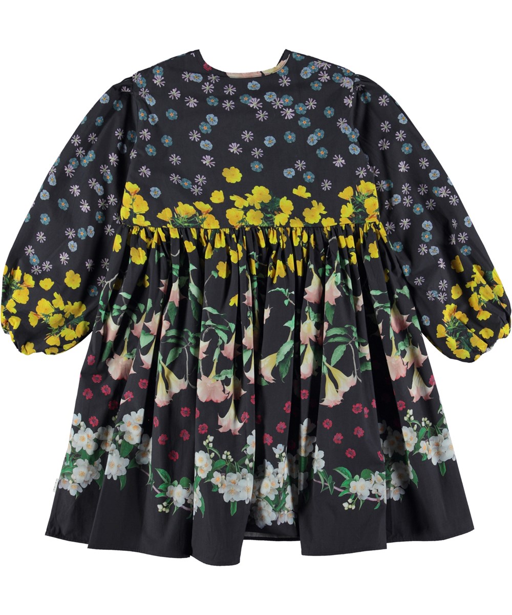 Cassida - Flower Rain - Blaues, knielanges Öko-Kleid mit Volumen und Blumendruck