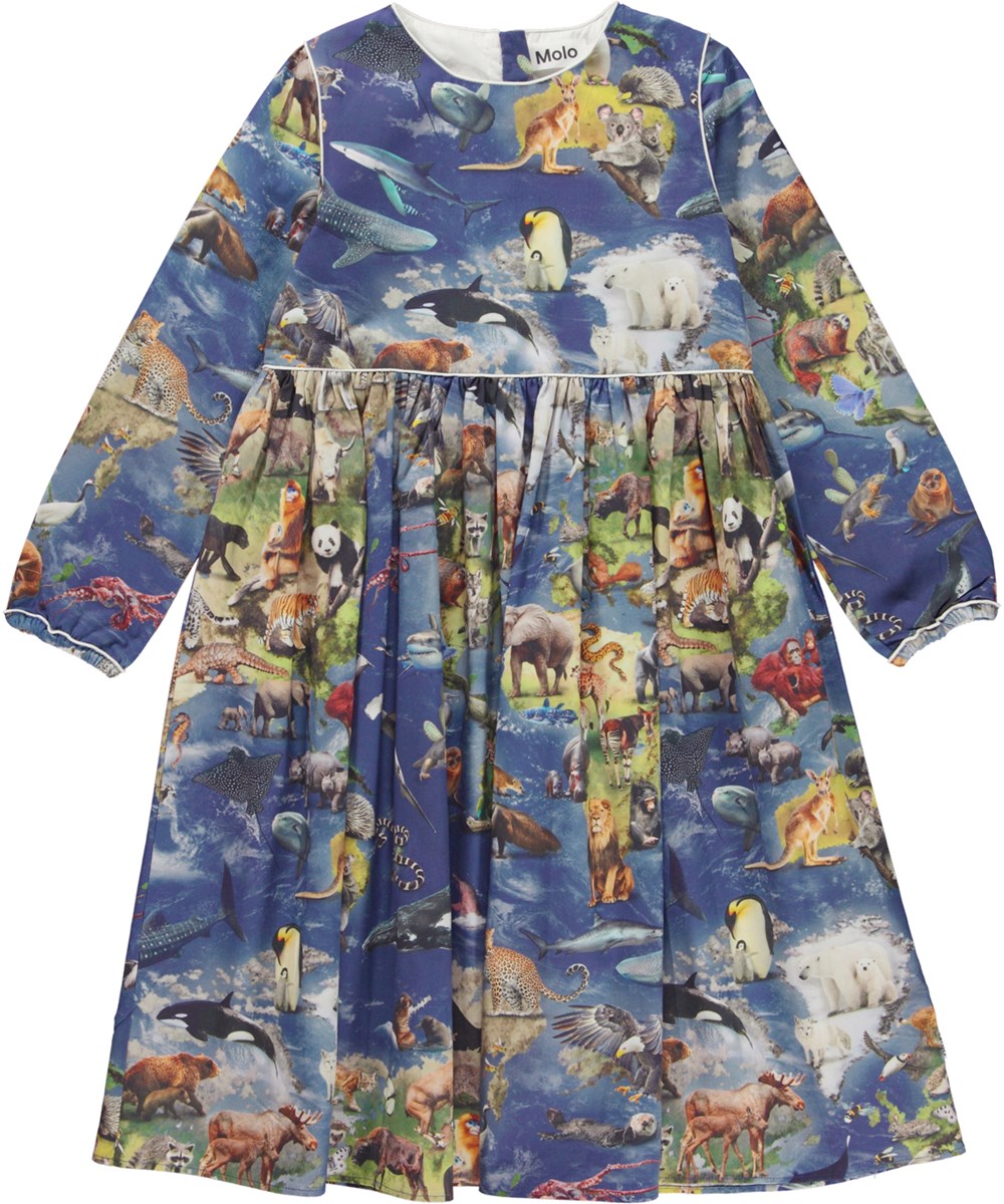 Cassiopeia - Amazing Earth - Blaues Öko-Midikleid mit Kontinental- und Tiere-Print