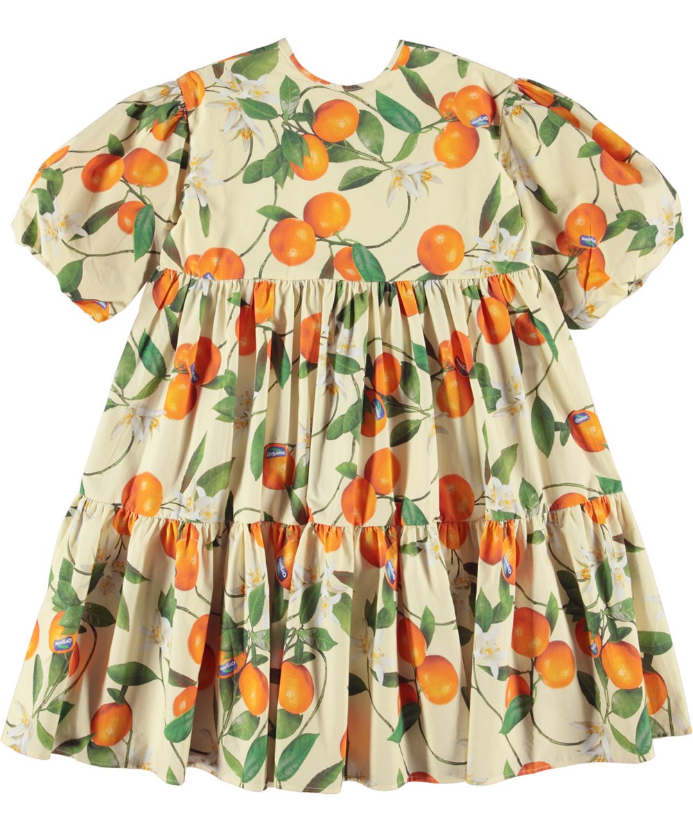 Casta - Mandarins - Hellgelbes Öko-Kleid mit orangefarbenem Mandarin-Print