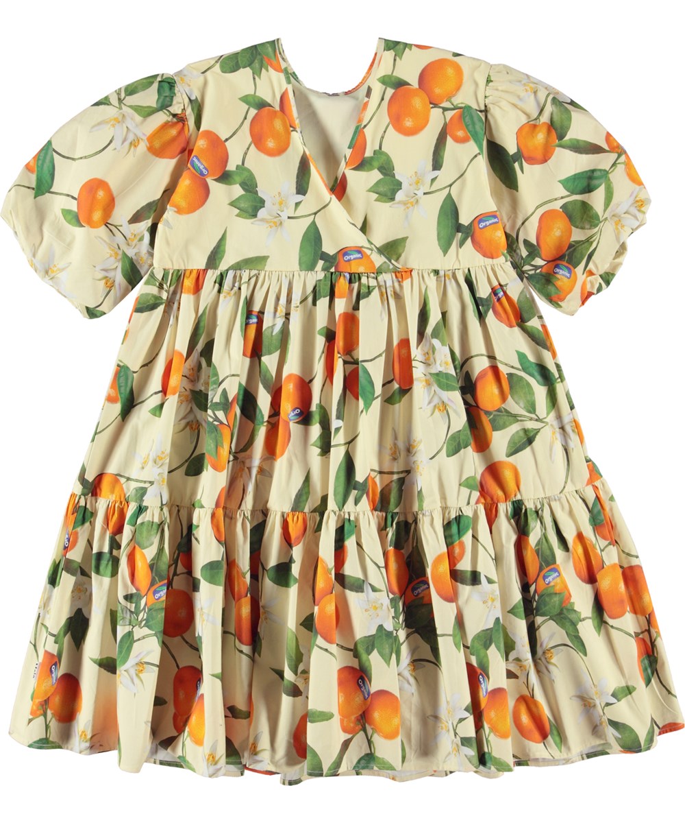 Casta - Mandarins - Hellgelbes Öko-Kleid mit orangefarbenem Mandarin-Print