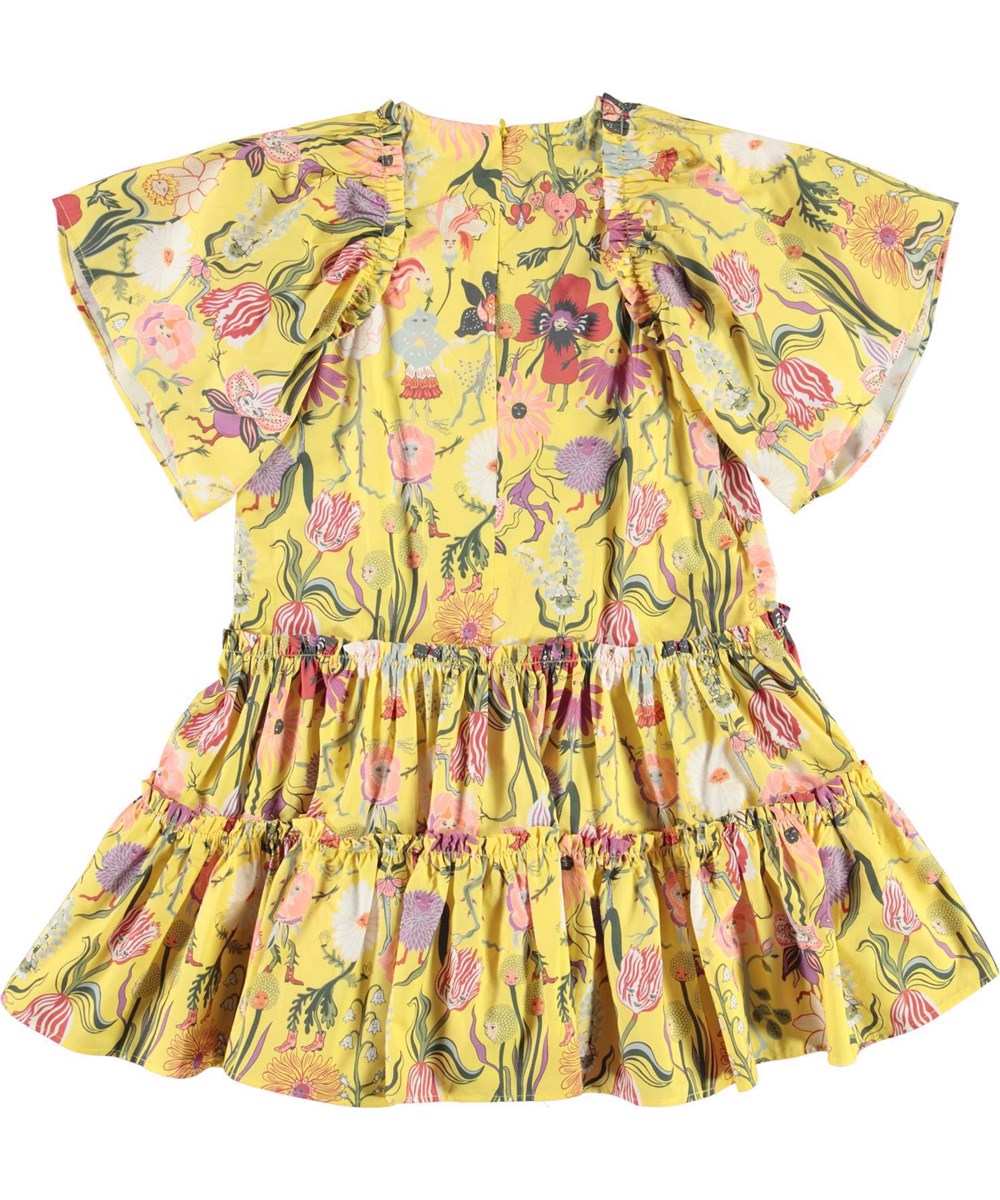 Cat - Dancing Flowers - Gelbes Öko-Blumenkleid mit Puffärmeln