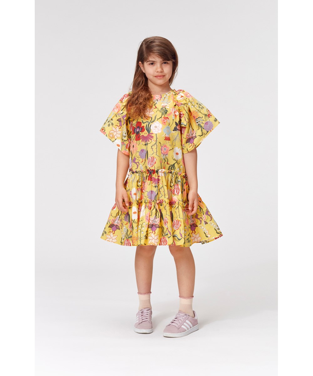 Cat - Dancing Flowers - Gelbes Öko-Blumenkleid mit Puffärmeln