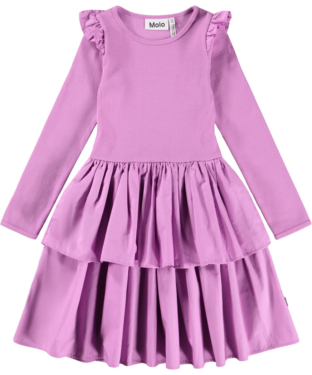 Cathi - Purple Ray - Langärmeliges lila Kleid für Kinder aus Öko-Baumwolle mit Rock und einem doppellagigen Baumwoll-Popeline-Rock.