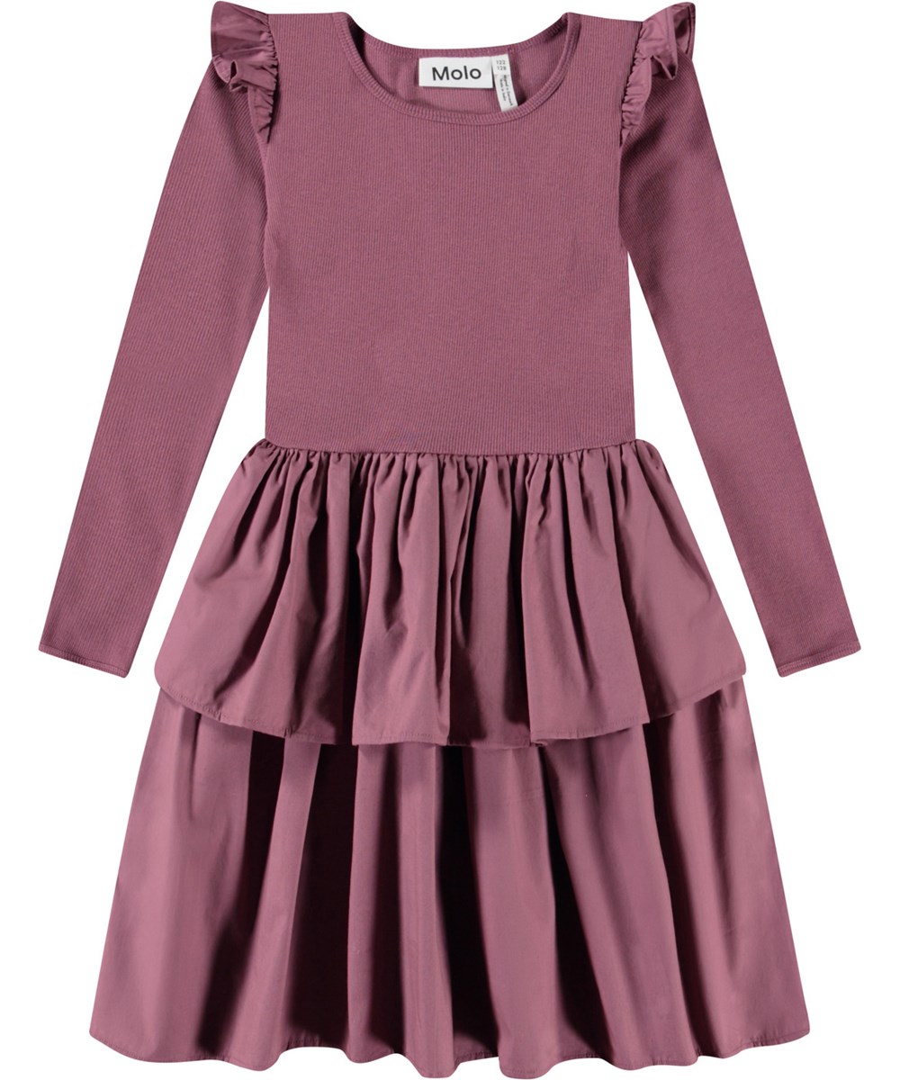 Cathi - Tulip - Langärmeliges lila Kleid für Kinder aus Öko-Baumwolle mit einem eng anliegenden gerippten Jersey-Oberteil.