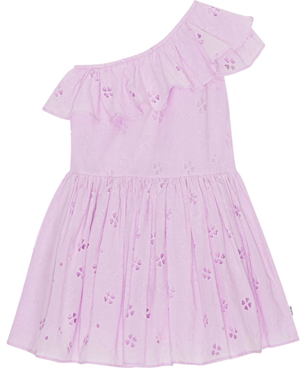 Cay - Alpine Glow - Hellviolettes Kleid aus Öko-Baumwolle mit Anglaise-Stickerei