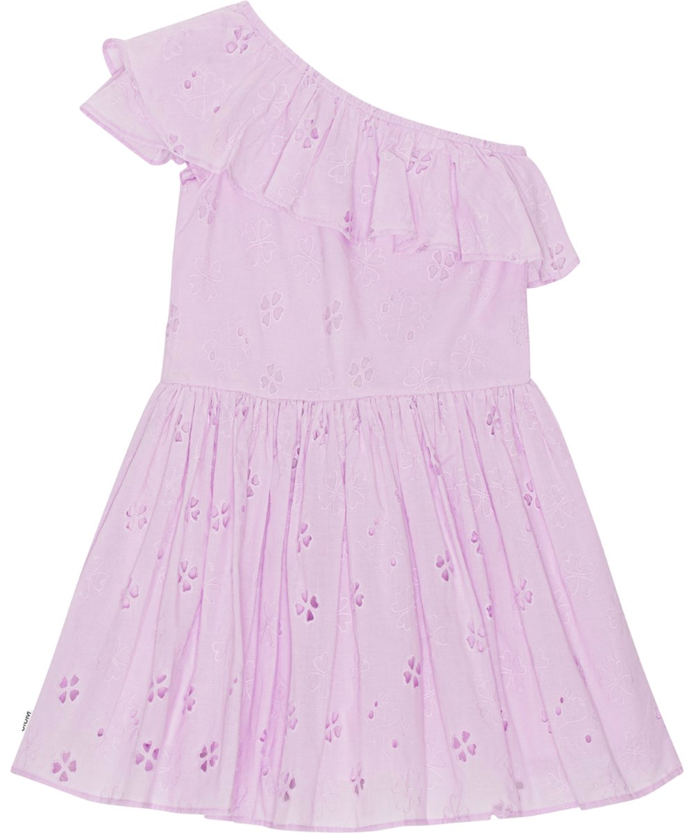 Cay - Alpine Glow - Hellviolettes Kleid aus Öko-Baumwolle mit Anglaise-Stickerei