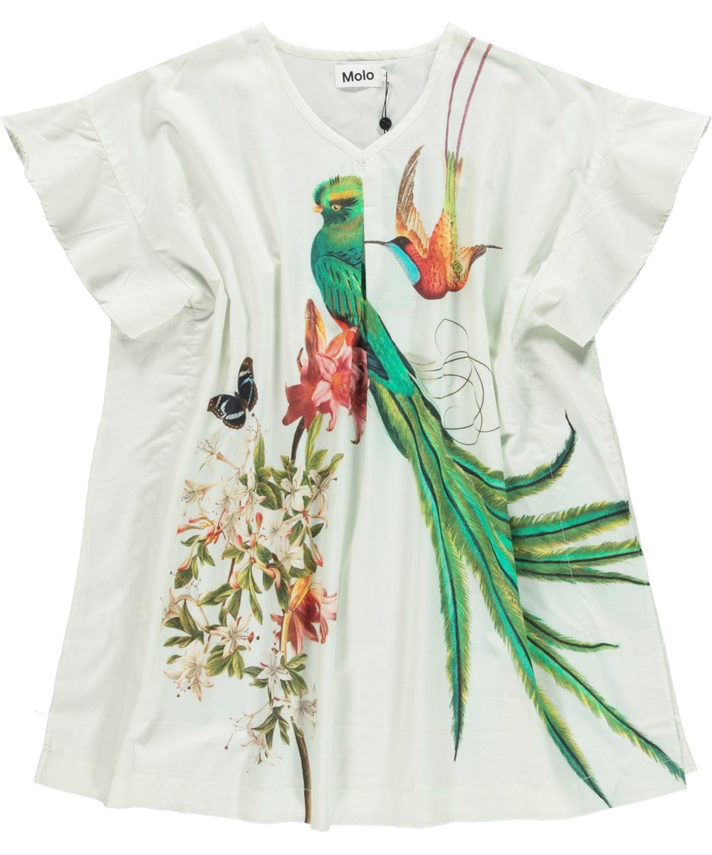 Cayla - Paradise Bird - Weiße Öko-Tunika mit Rüschenärmeln und Vogelaufdruck