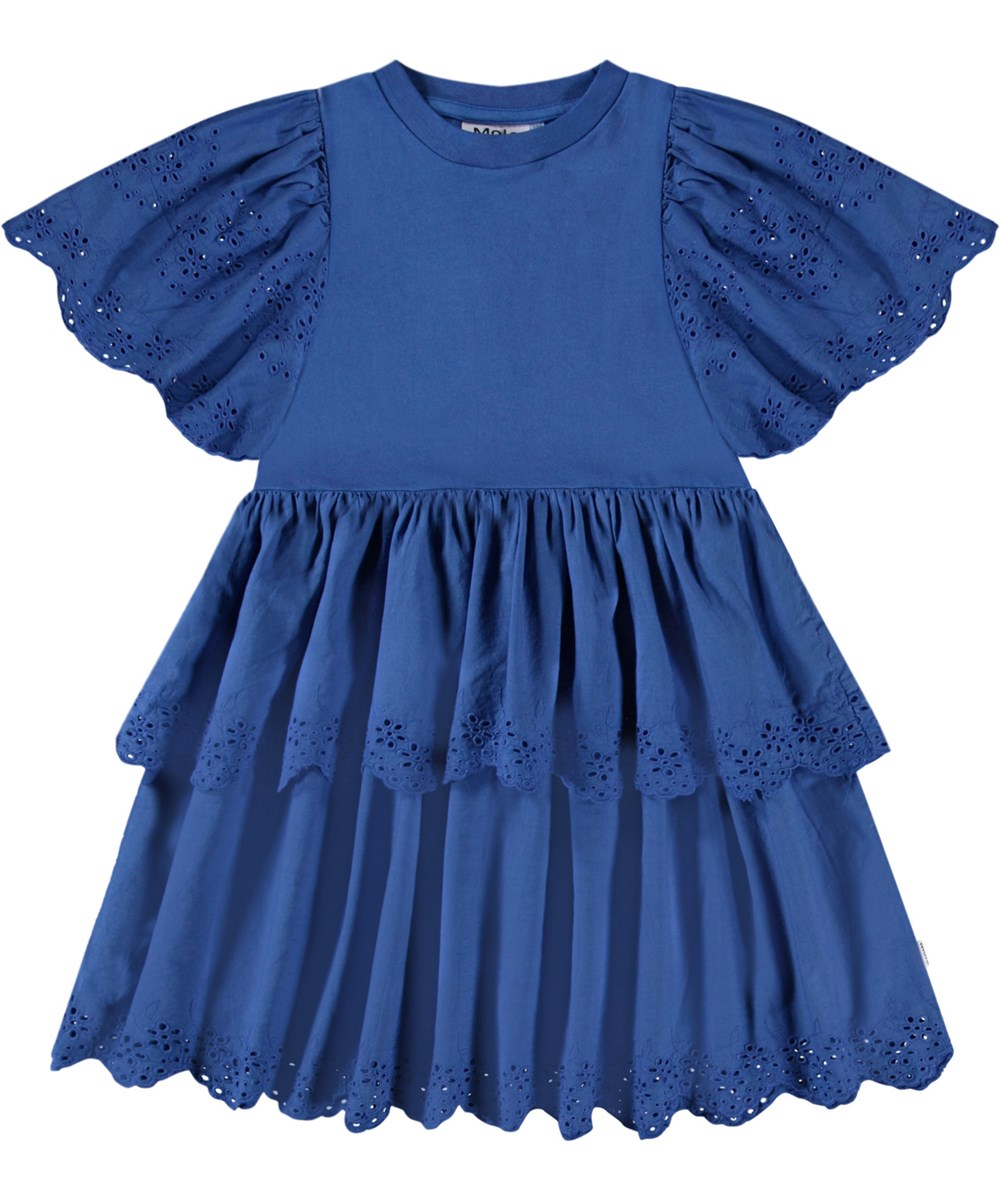 Ceelia - Blue Marcaw - Blaues knielanges Kleid für Kinder aus Öko-Baumwolle mit Rundhalsausschnitt und geripptem Saum.