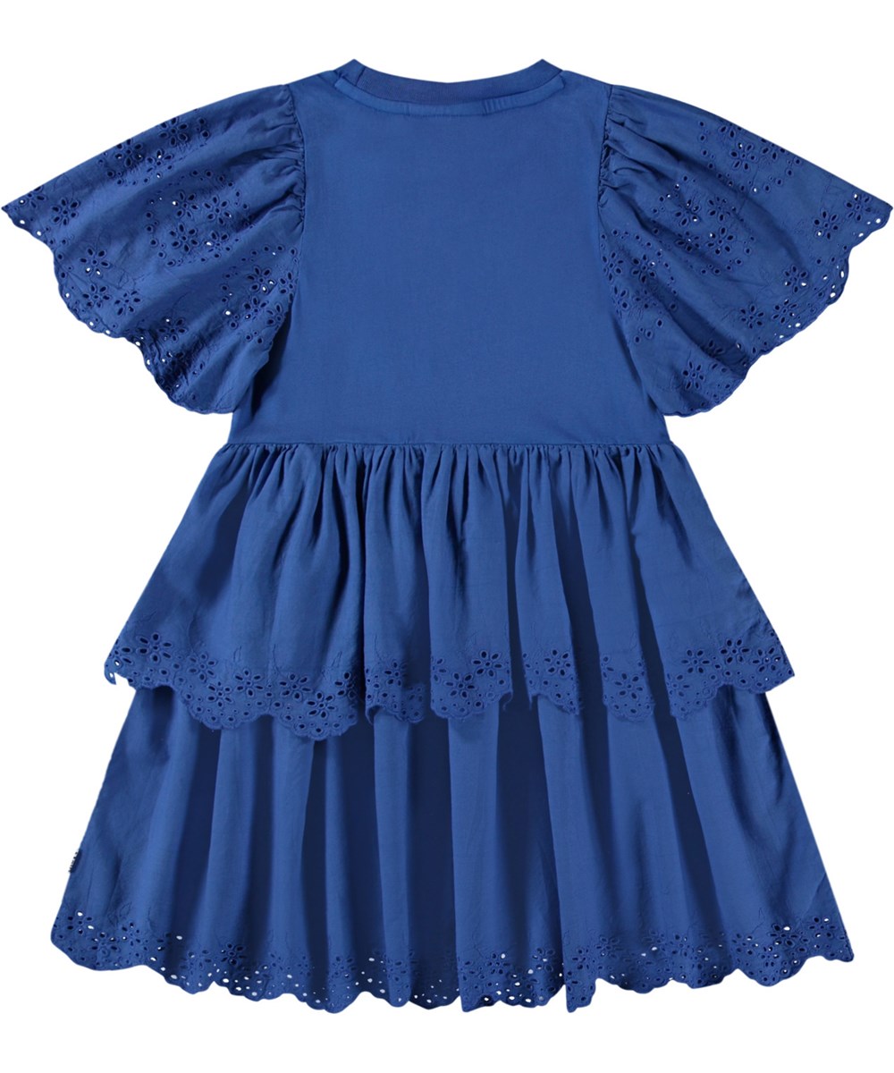 Ceelia - Blue Marcaw - Blaues knielanges Kleid für Kinder aus Öko-Baumwolle mit Rundhalsausschnitt und geripptem Saum.