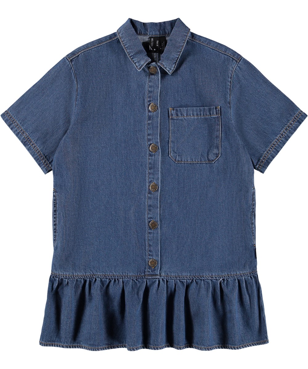 Celise - Blue Vintage - Kurzes Jeanskleid für Kinder mit Knopfverschluss.