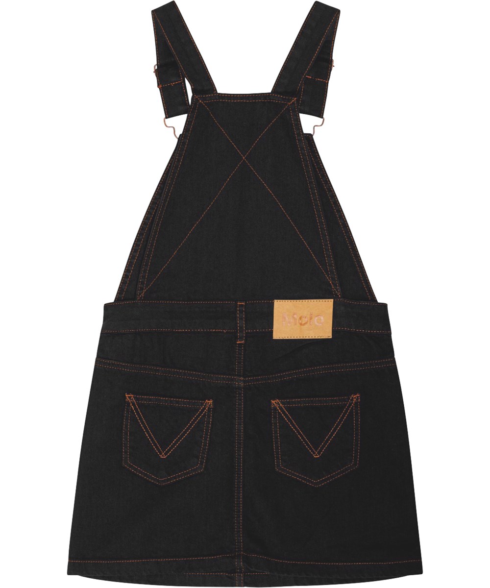 Chakala - Black - Verstellbares Trägerkleid aus schwarzem Denim mit Brusttasche und Druckknöpfen.