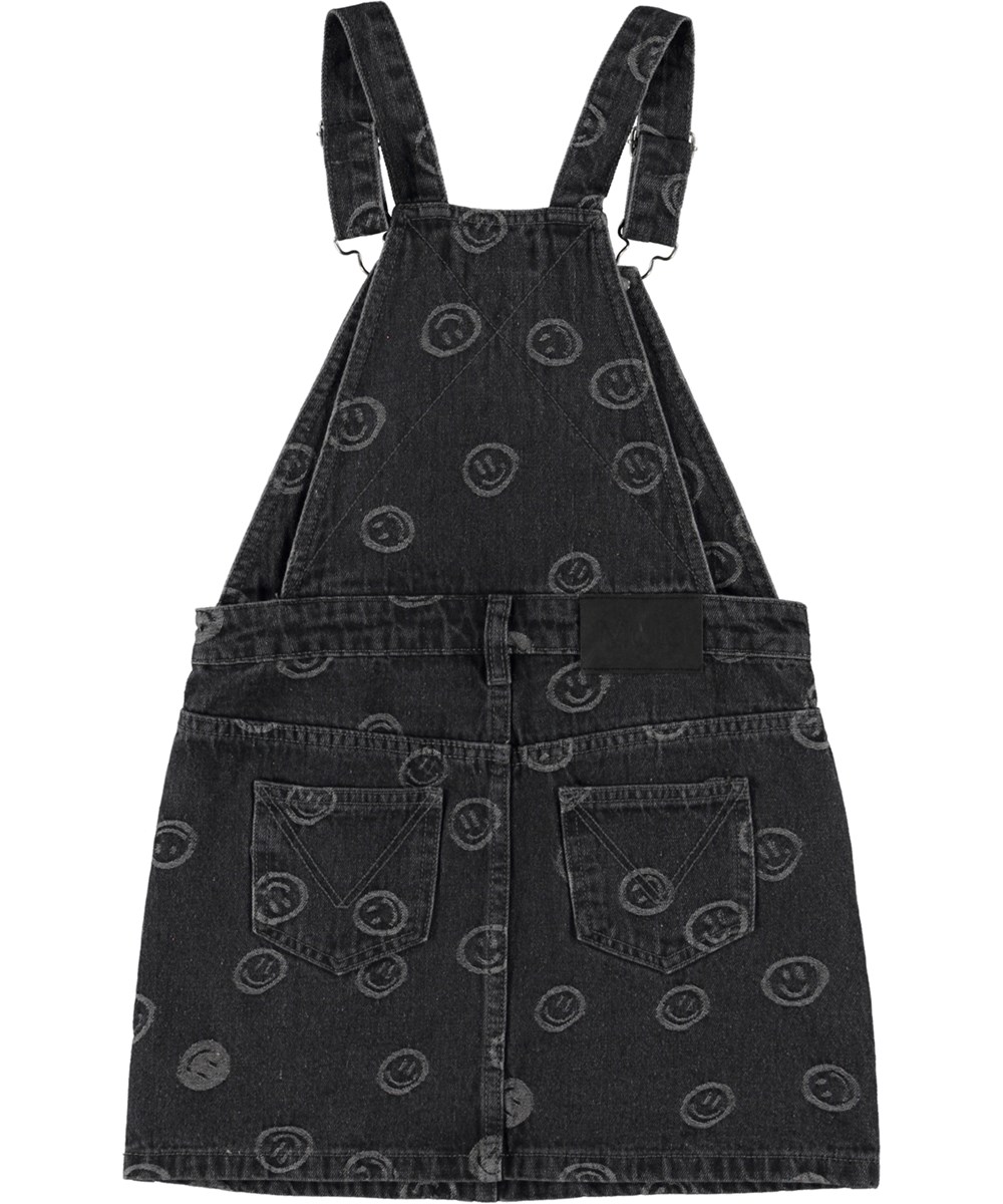 Chakala - Happiness Black - Dunkelgraues Jeans-Spencer-Kleid mit lächelnden Gesichtern