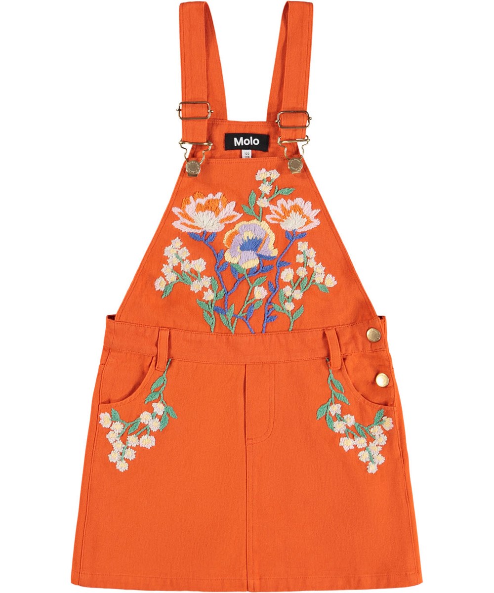 Chakala - Rising Sun - Oranges Baumwollkleid für Kinder mit Trägern und schöner Stickerei.