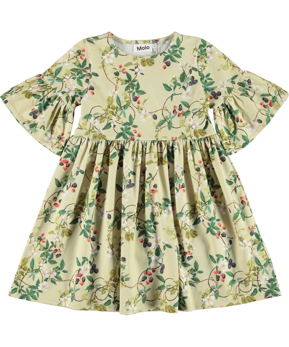 Chasity - Bramble - Hellgrünes Öko-Kleid mit Brombeerdruck