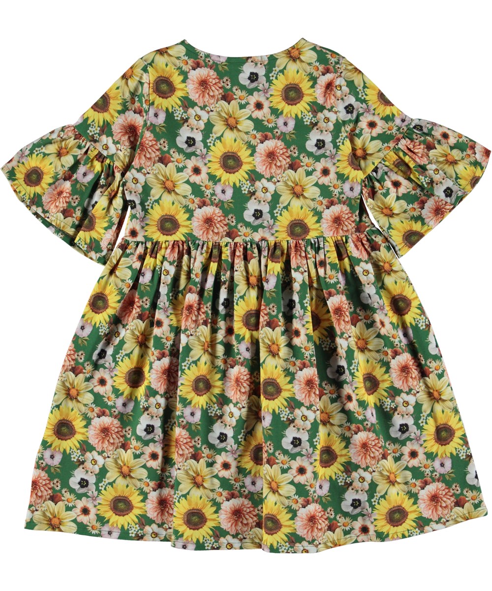 Chasity - Vintage Floral - Grünes knielanges Öko-Kleid mit Volumen in Ärmeln und Rock und Allover-Blumendruck