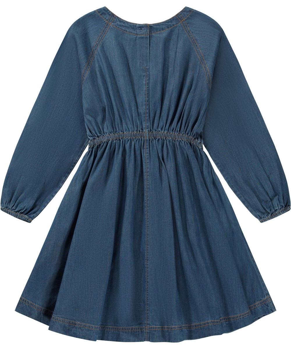 Cher - Washed Chambrey - Blaues, knielanges Öko-Kleid aus Chambrey