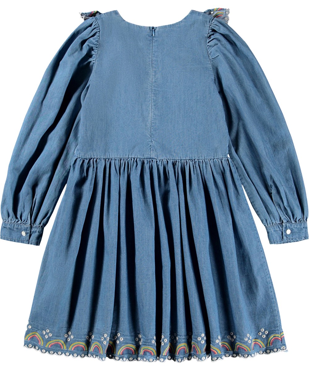 Cherinne - Wonder Rainbow - Langärmliges Jeanskleid für Kinder aus Bio-Baumwolle mit Broderie Anglaise