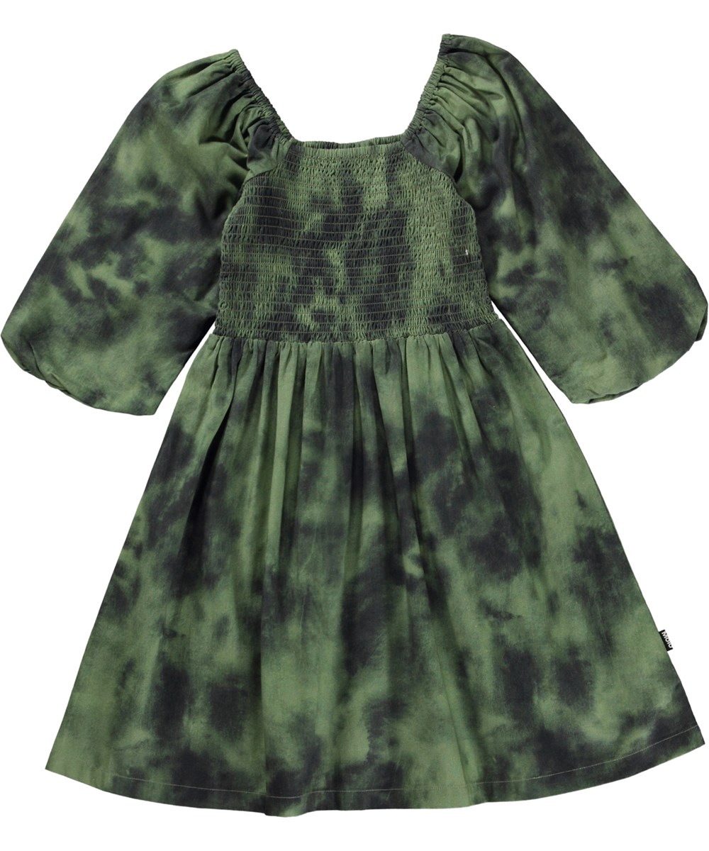 Cherisa - Moss Tie Dye - Grünes Midikleid mit Smok und Batik-Allover-Print