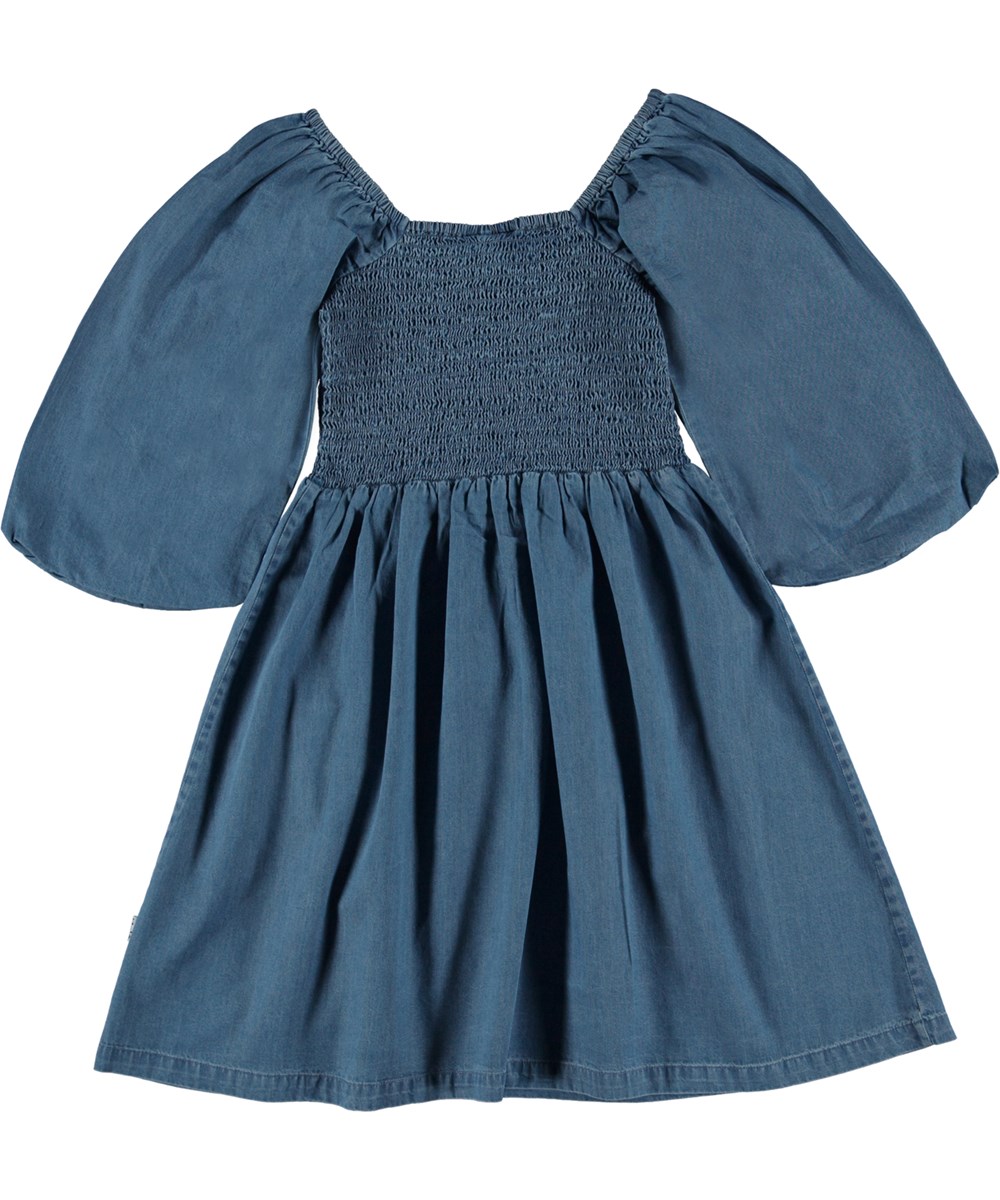 Cherisa - Washed Chambrey - Blaues Öko-Midikleid aus Chambrey mit Smock