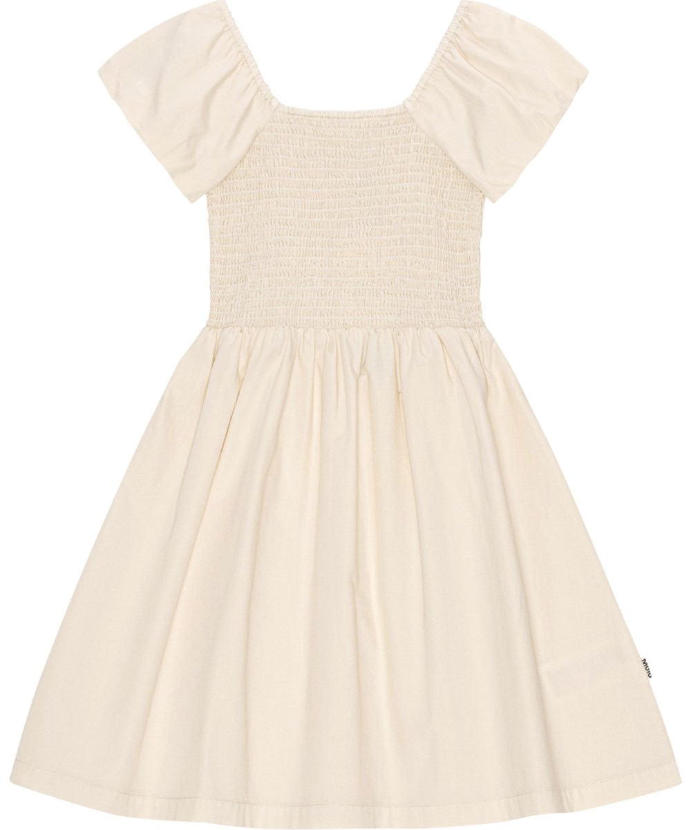 Cherisla - Chambrey Sand - Sandfarbenes Kleid aus Öko-Baumwolle mit Smok-Effekt