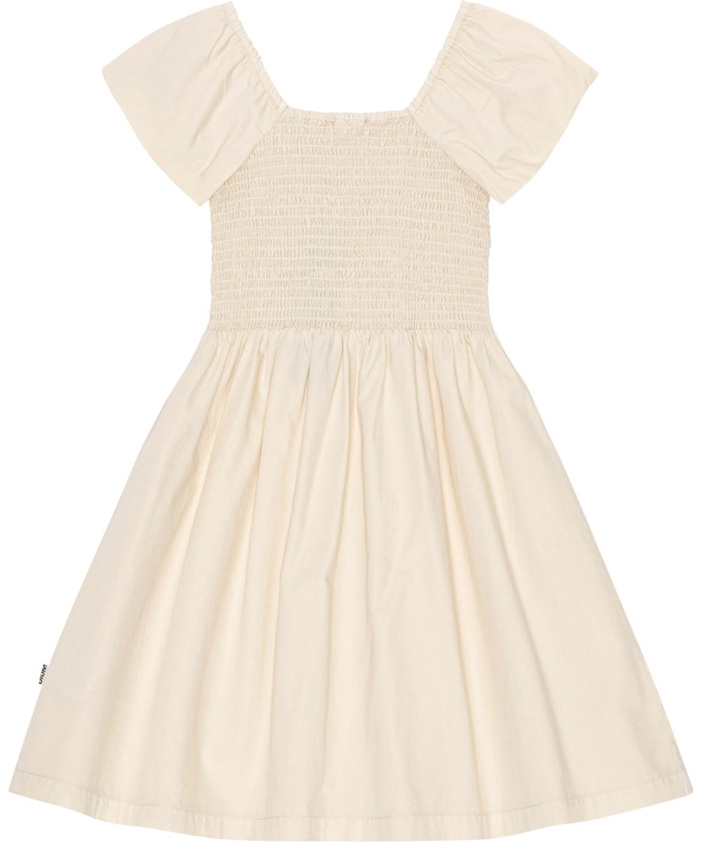 Cherisla - Chambrey Sand - Sandfarbenes Kleid aus Öko-Baumwolle mit Smok-Effekt