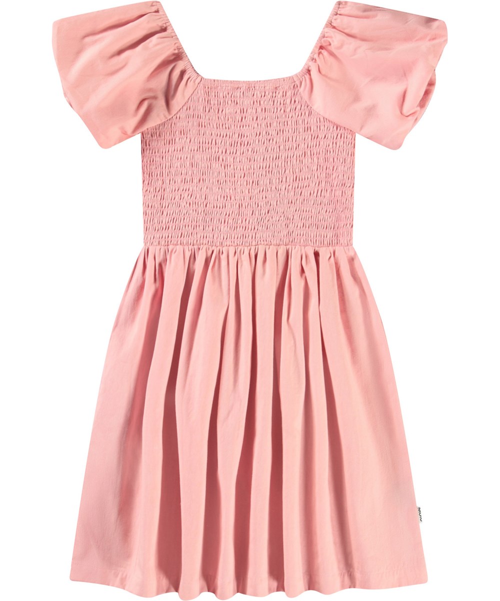Cherisla - Rosequartz - Rosa knielanges Kleid für Kinder aus Öko-Baumwolle mit einem quadratischen Ausschnitt.