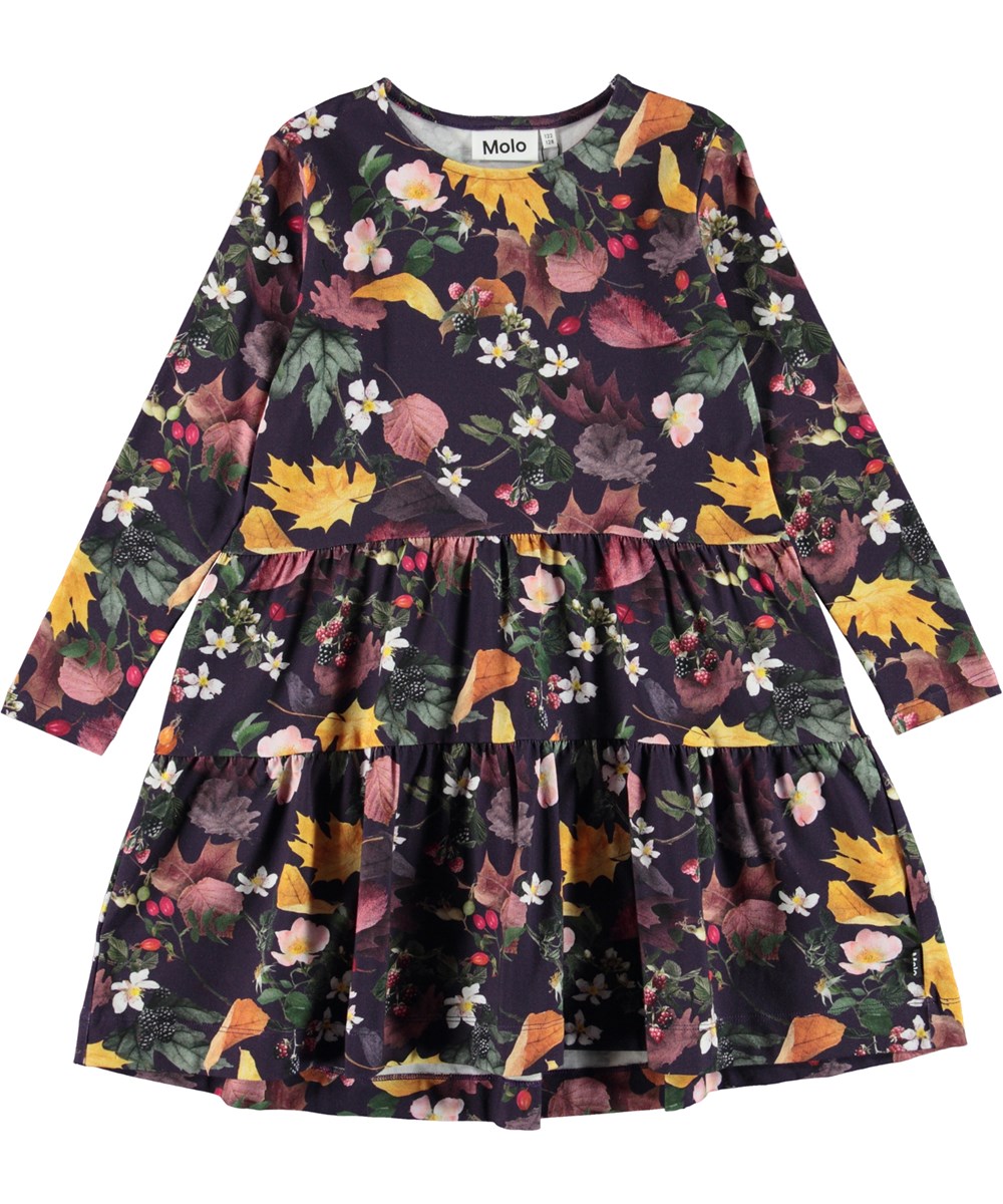 Chia - Berry Picking - Dunkellilla Öko-Kleid mit Beeren- und Blattdruck