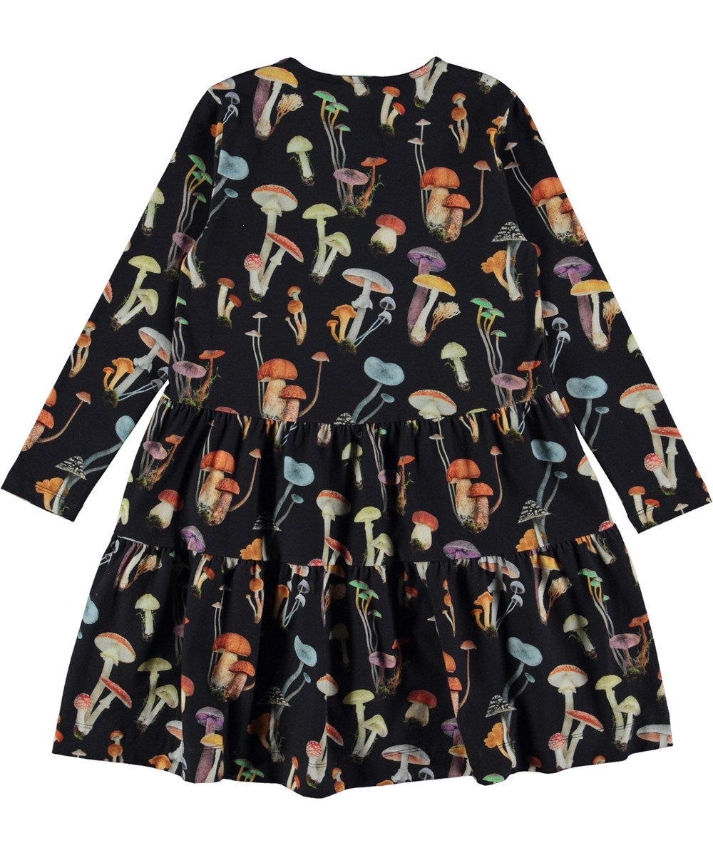 Chia - Fantastic Fungi - Schwarzes, knielanges Öko-Kleid mit Allover-Pilzdruck