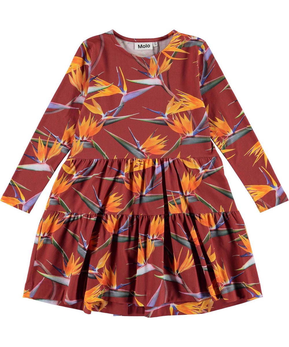 Chia - Paradise_AOP - Organisches dunkelrotes Kleid mit orangen Blumen