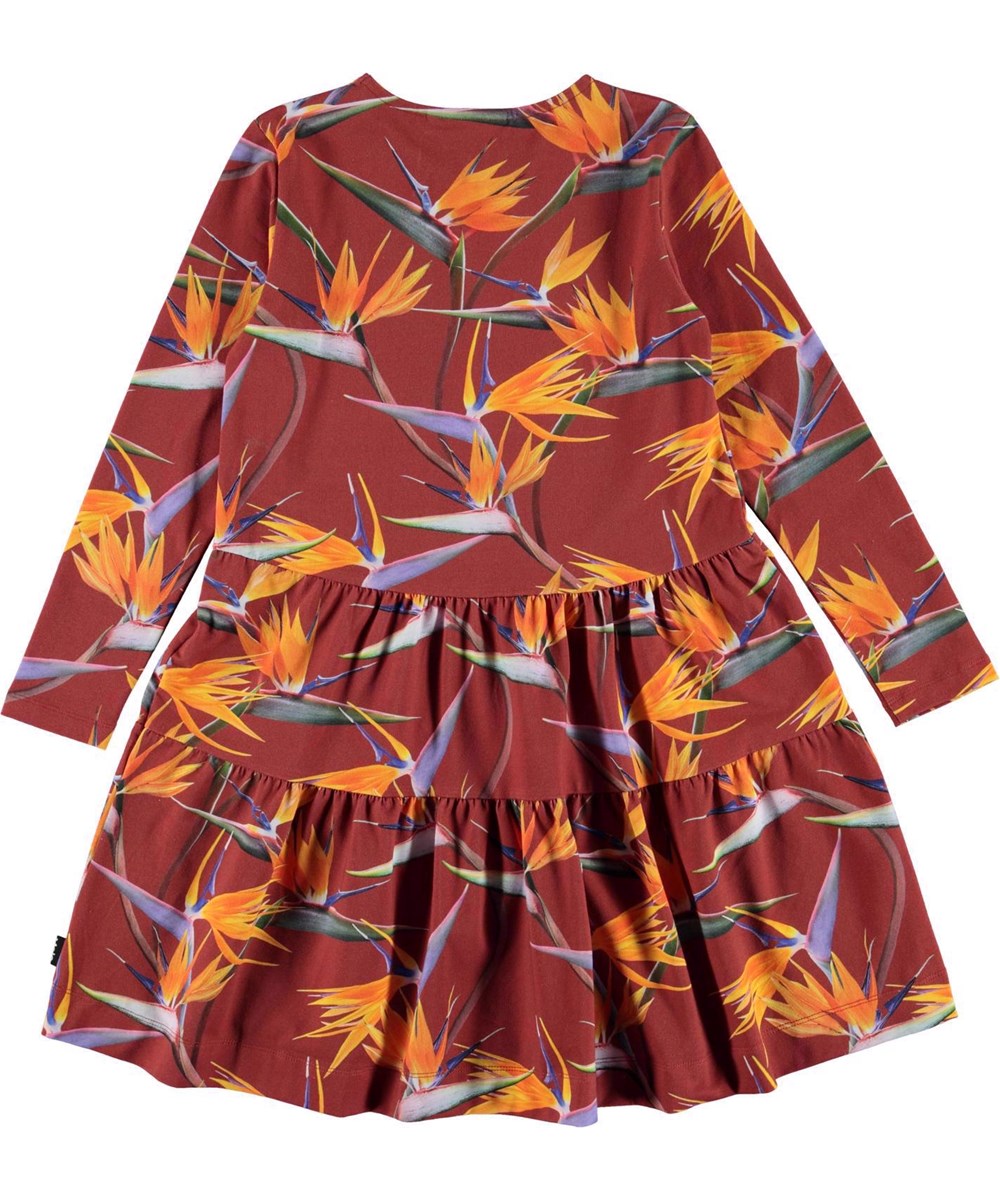 Chia - Paradise_AOP - Organisches dunkelrotes Kleid mit orangen Blumen