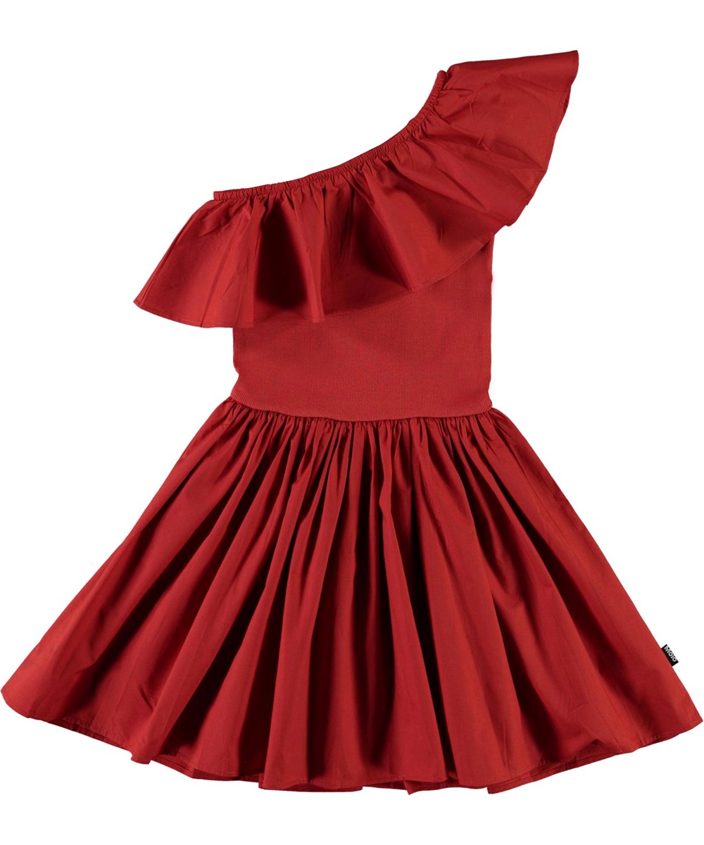 Chloey - Bossa Nova - Öko asymmetrisches rotes Kleid mit Rüschen