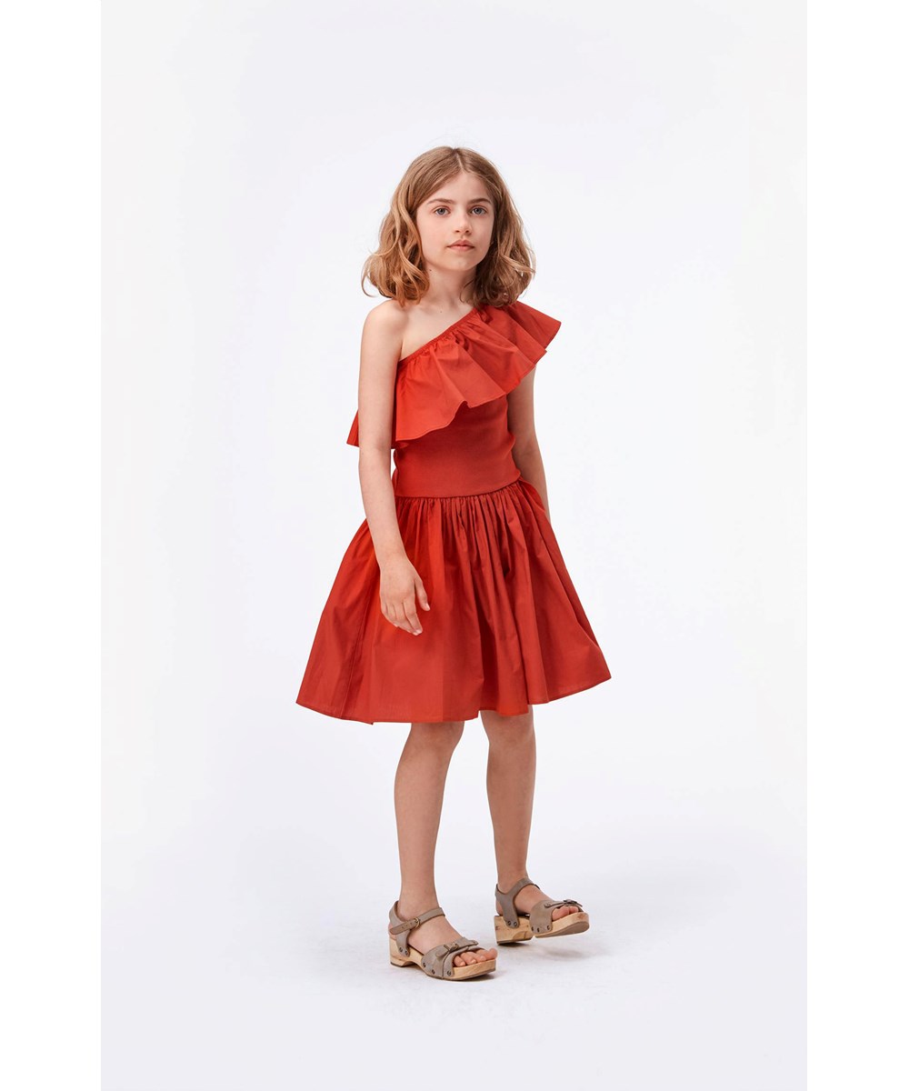 Chloey - Bossa Nova - Öko asymmetrisches rotes Kleid mit Rüschen