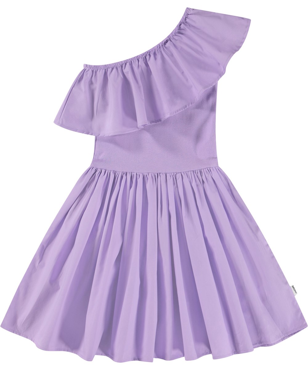 Chloey - Violaceous - Lila One-Shoulder-Kleid aus Öko-Baumwolle mit einer breiten Popeline-Rüsche.