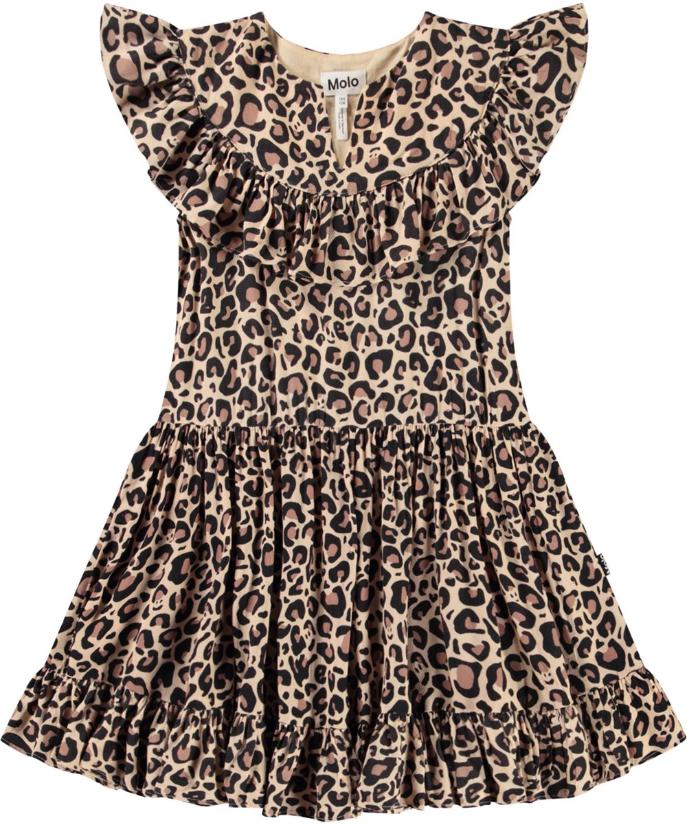 Cho - Jaguar Melon - Leopardenmuster-Knielanges Kleid für Kinder aus Viskose mit einem runden Ausschnitt und einem V-Ausschnitt vorne.