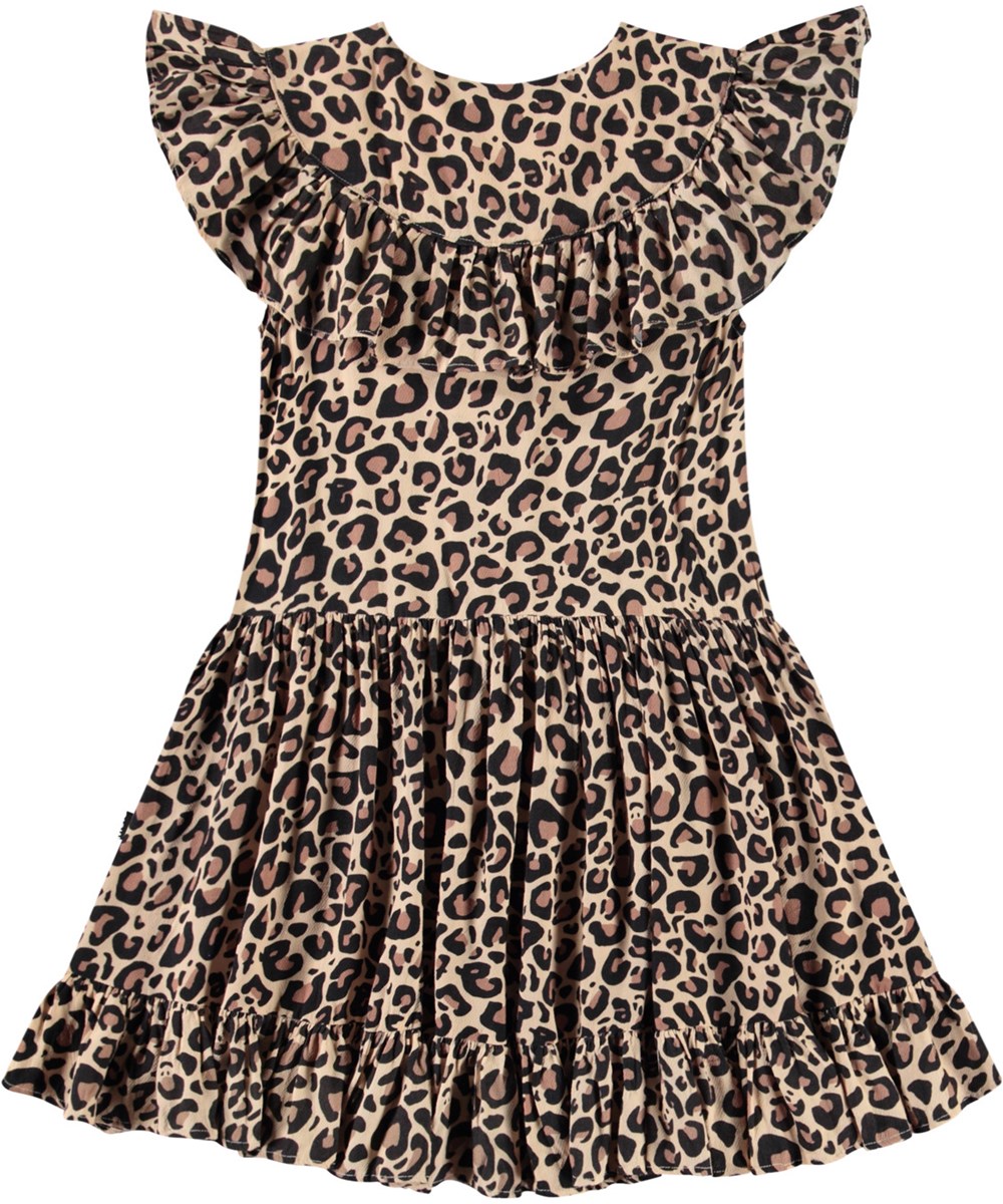 Cho - Jaguar Melon - Leopardenmuster-Knielanges Kleid für Kinder aus Viskose mit einem runden Ausschnitt und einem V-Ausschnitt vorne.