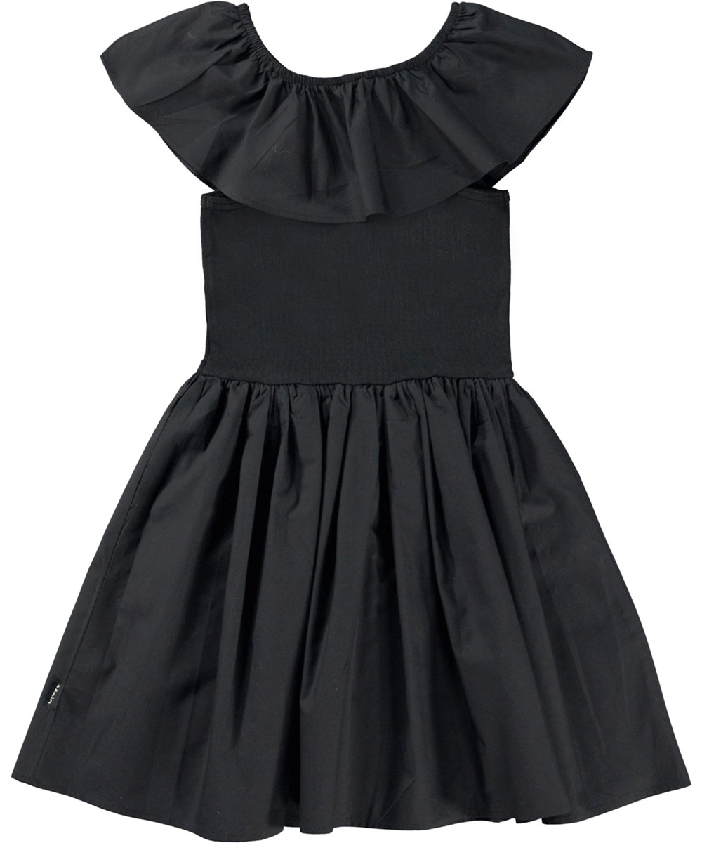 Christal - Black - Schwarzes Kleid aus Öko-Baumwolle mit rundem Rock und Kragen