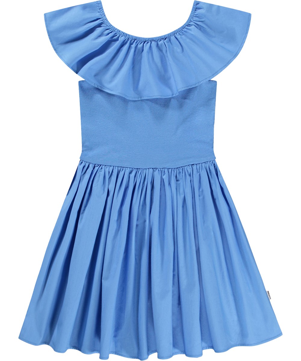 Christal - Blue Flower - Blaues Kleid für Kinder aus Öko-Baumwolle mit Rüsche