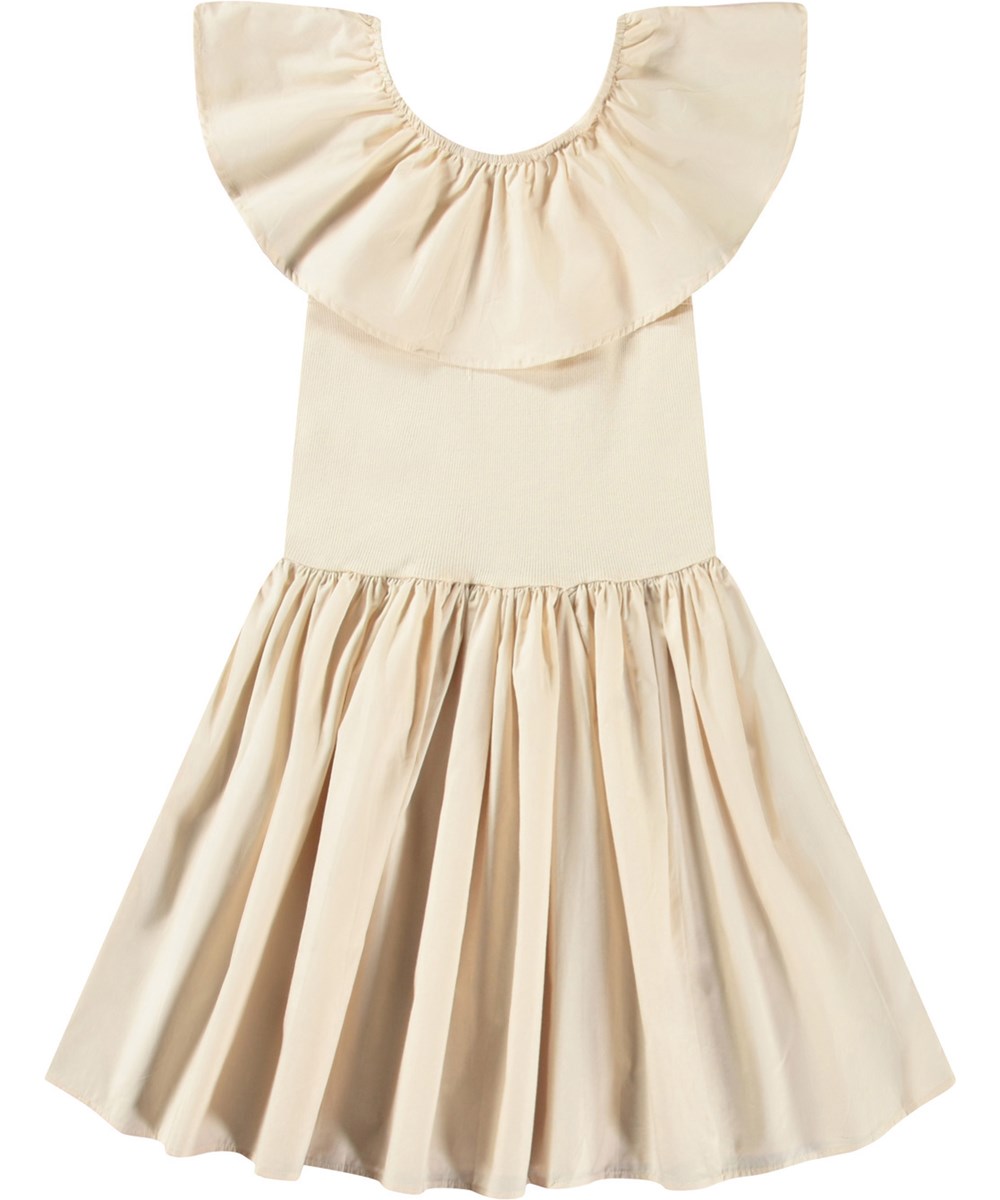 Christal - Brazilian Sand - Rosa Kleid für Kinder aus Öko-Baumwolle mit einem eng anliegenden gerippten Jersey-Oberteil, Rundhalsausschnitt und einem voluminösen, kreisförmig geschnittenen Rock aus Baumwollpopeline.