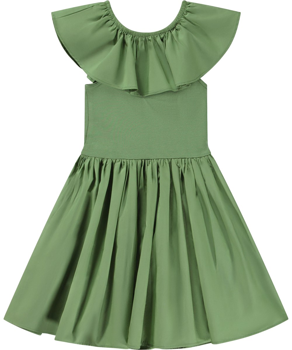Christal - Moss Green - Grünes, knielanges Öko-Kleid mit Popeline-Kragen und -Rock