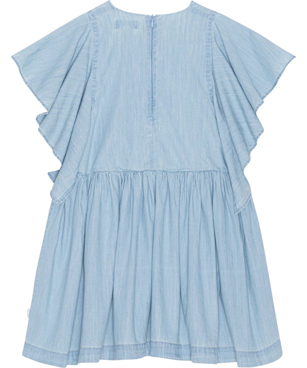 Christiana - Summer Wash Indigo - Hellblaues, voluminöses Kurzarmkleid aus Baumwoll-Chambray